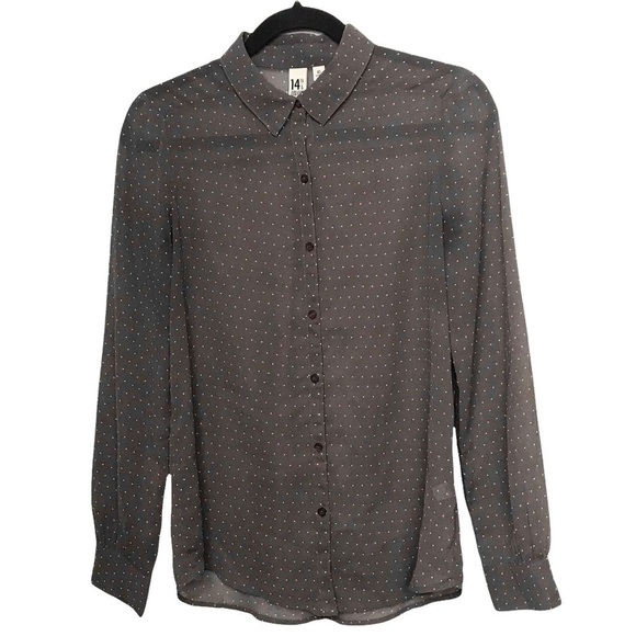 14th and Union Sheer Brown Polka Dot Long Sleeve Button Up Shirt - Picture 1 of 11